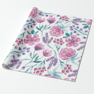 Papier Cadeau Rose violet Turquoise Aquarelle Fleurs Motif