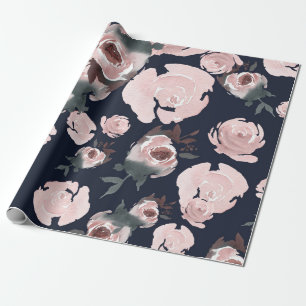 Papier Cadeau Roses Aquarelle Rose Foncé Bleu Marine Fête Floral