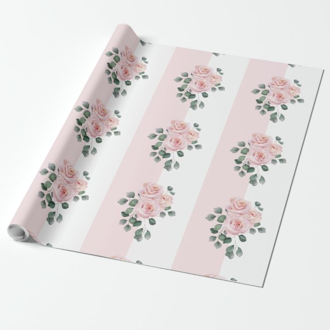 Papier Cadeau Roses aquarelles rayées rose et blanc (Déroulé)