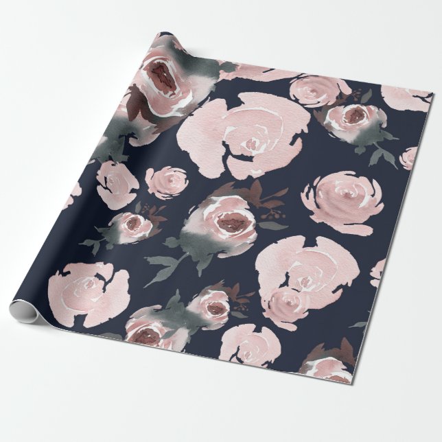 Papier Cadeau Roses aquarelles roses sur fond bleu marine pour f (Déroulé)