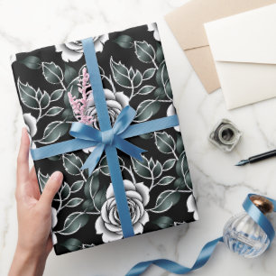 Papier Cadeau Roses Argent Métallisé Avec Feuilles Vert Foncé