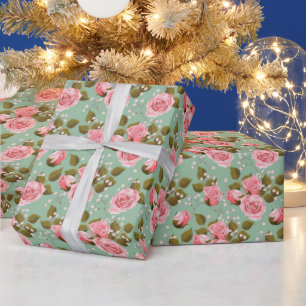 PAPIER CADEAU ROSES BÉBÉ ROSE ÉGAYÉES SUR FOND KEPPEL