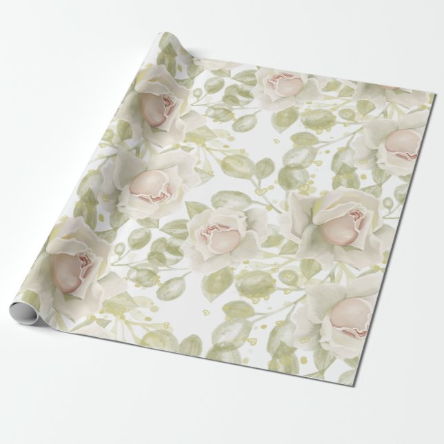 Papier Cadeau Roses blanches crémeuses Mariage Floral blanc (Déroulé)