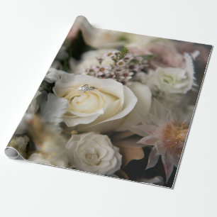 Papier Cadeau Roses blanches et anneaux mariages