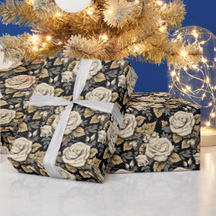 Papier Cadeau Roses Blanches Et Feuilles D'Or Motif Floral