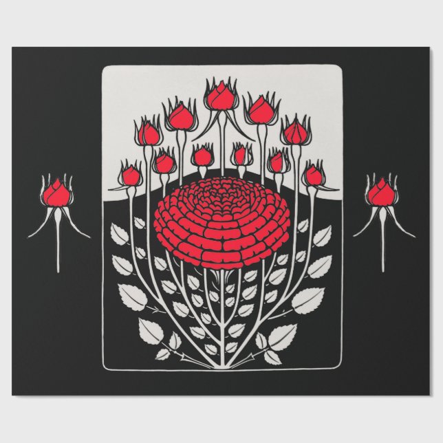 Papier Cadeau ROSES BLANCHES NOIRES, ROSEBUDS Art Nouveau Floral (Plat)