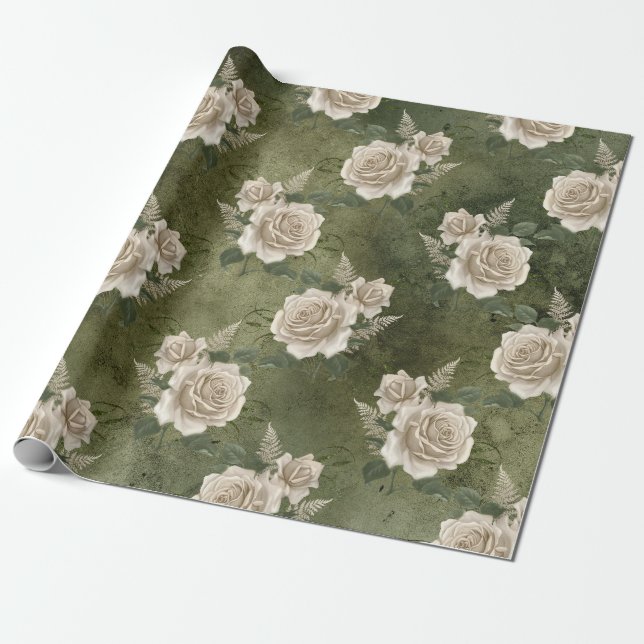 Papier Cadeau Roses blanches sur vert (Déroulé)