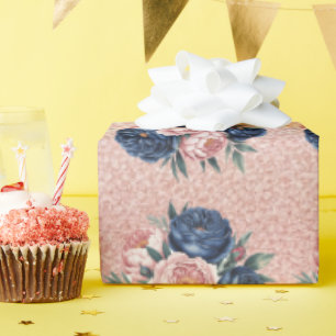 Papier Cadeau Roses bleu marine et Rose Mariage de la poney d'or