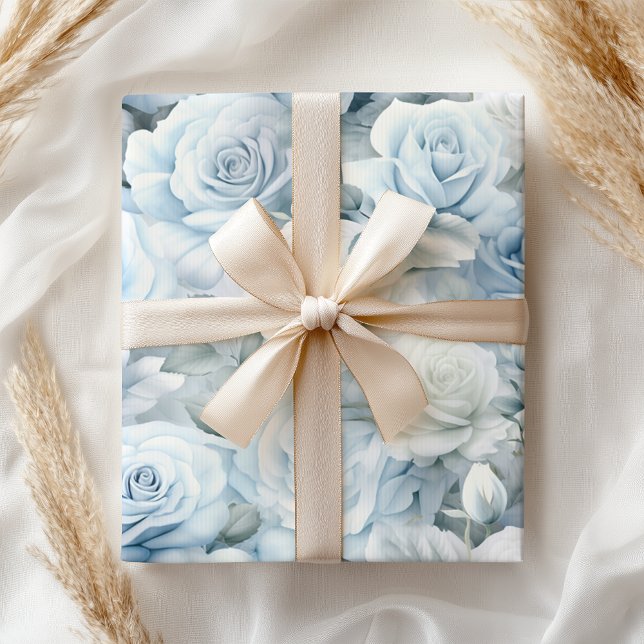 Papier Cadeau Roses Bleues Douces Pastel Mariage de Rêve (Créateur téléchargé)