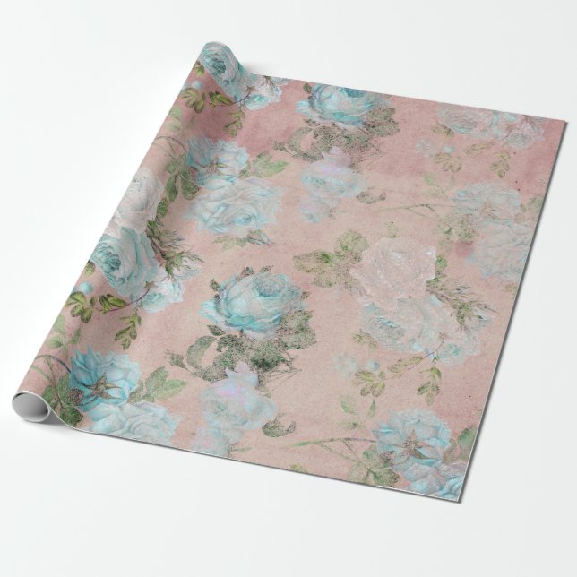 Papier Cadeau Roses bleus sur rose pâle (Déroulé)
