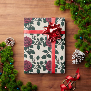 Papier Cadeau Roses Carmesins Lustrés Avec Feuilles Vert Foncé