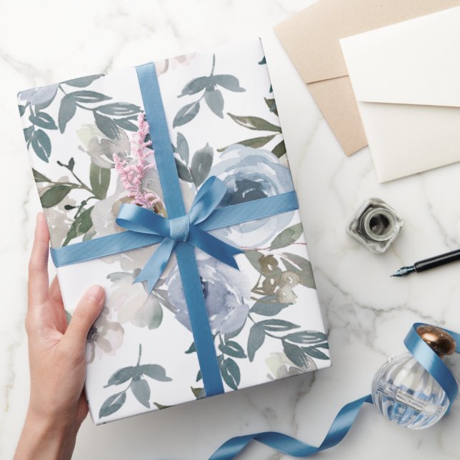 Papier Cadeau Roses d'aquarelle bleu et blanc (Cadeaux)