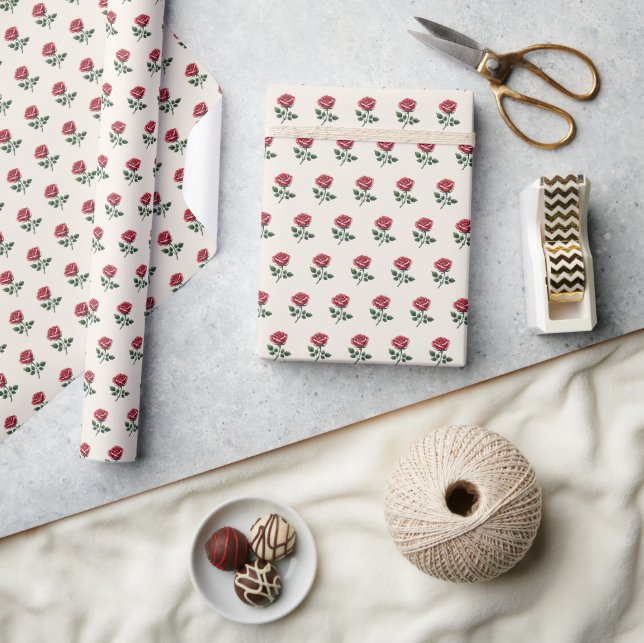 Papier Cadeau Roses d'aquarelle rose féminine sur Crème douce (Artisanat)