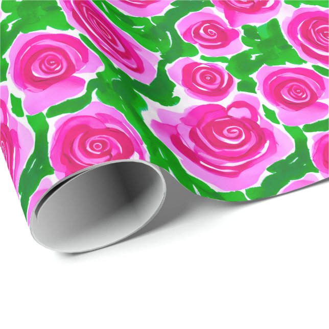 Papier Cadeau Roses d'aquarelle rose Fuchsia (Coin rond)