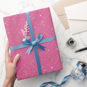 Papier Cadeau Roses de Parties scintillant d'or rose