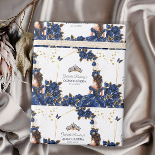 Papier Cadeau Roses de Quinceañera Couronne de Tiara Dorée Bleu 