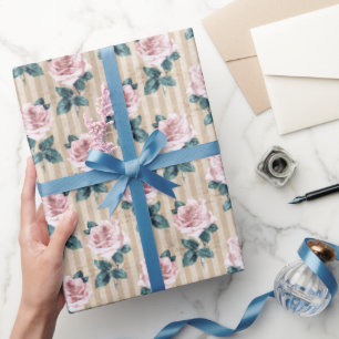 Papier Cadeau Roses de thé rose et rayures jaunes Toutes les occ