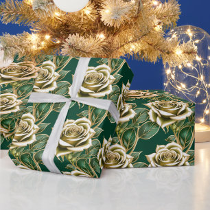 Papier Cadeau Roses Dorées Avec Feuilles Vert Émeraude
