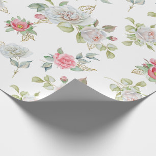 Papier Cadeau Roses élégants avec Feuilles gravés or