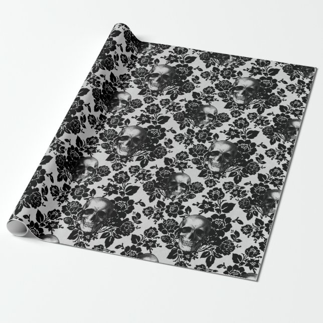 Papier Cadeau Roses et crânes noirs en blanc (Déroulé)