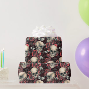 Papier Cadeau Roses et crânes rouges Motif d'Halloween Éffrayant