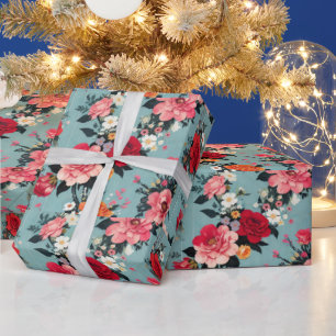 Papier Cadeau Roses et Florales Vintage sur Fond Bleu
