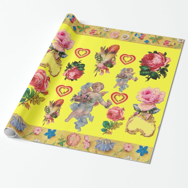 PAPIER CADEAU ROSES, FLEURS, PÈRES, ANGES ET COEURS EN JAUNE (Déroulé)