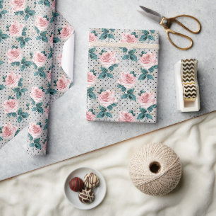 Papier Cadeau Roses Fleurs Roses Blush Gris Points Floraux