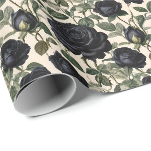 Papier Cadeau Roses Noirs Et Feuilles Verts,