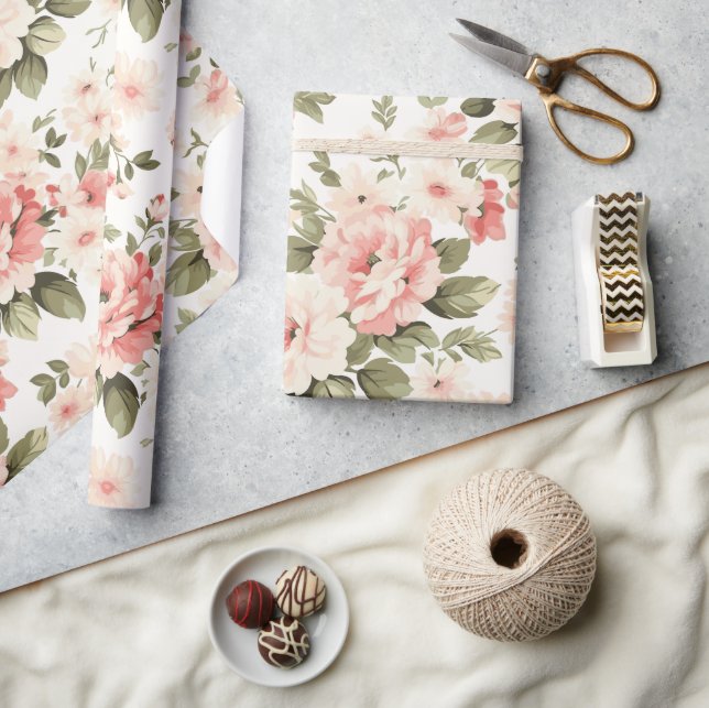 Papier Cadeau Roses pastel crème (Artisanat)