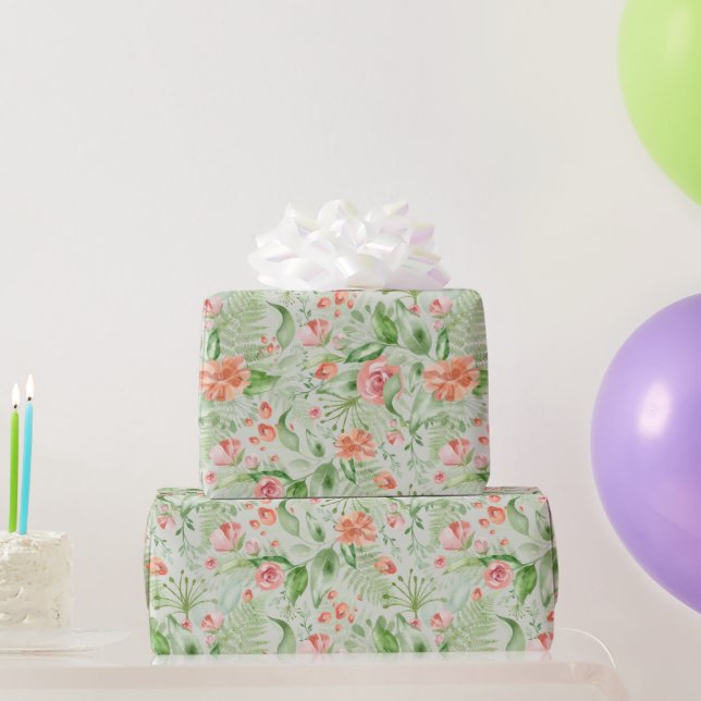 Papier Cadeau Roses pêche et hibiscus sur papier d'emballage ver (Cadeaux de fête)
