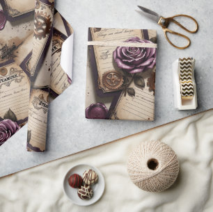 Papier Cadeau Roses prune Mécanique Steampunk 