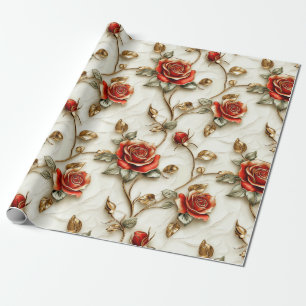Papier Cadeau Roses Red Gold Vintage