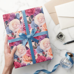 Papier Cadeau Roses romantiques mélangés Motif de bouquet floral