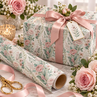 Papier Cadeau Roses Rose Pâle Feuillage Vert Sauge |