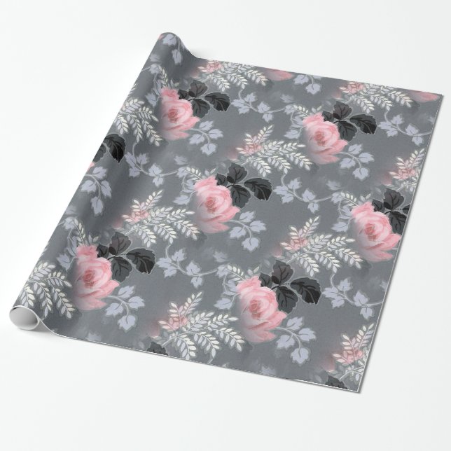 Papier Cadeau Roses rose pâle sur Arrière - plan gris (Déroulé)