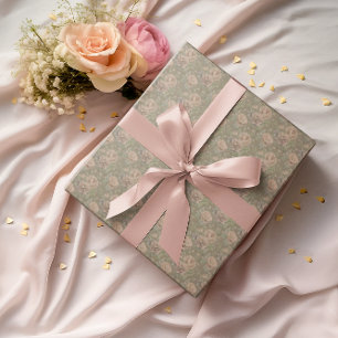 Papier Cadeau Roses Rose Pêche Claire Vintage Vert Poussiéreux 