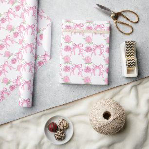 Papier Cadeau Roses roses à l'aquarelle et rubans