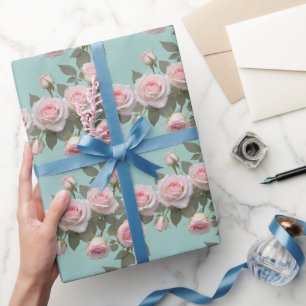 Papier Cadeau Roses roses bébé avec feuilles vert sauge