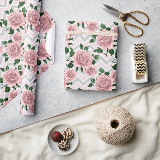 Papier Cadeau Roses roses Chevron (Artisanat)