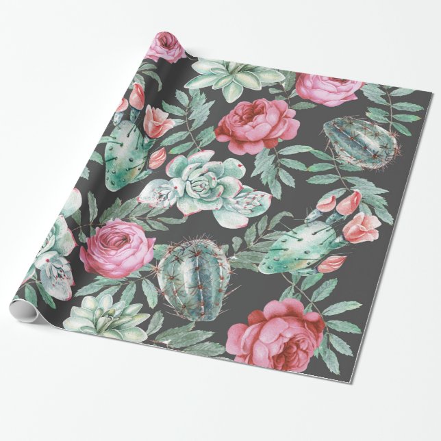Papier Cadeau Roses roses et motif succulent de cactus sur le (Déroulé)