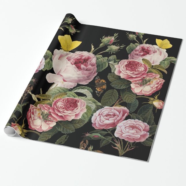 Papier Cadeau ROSES ROSES ROSES ET BOUTTERFLIES JAUNES Florales  (Déroulé)