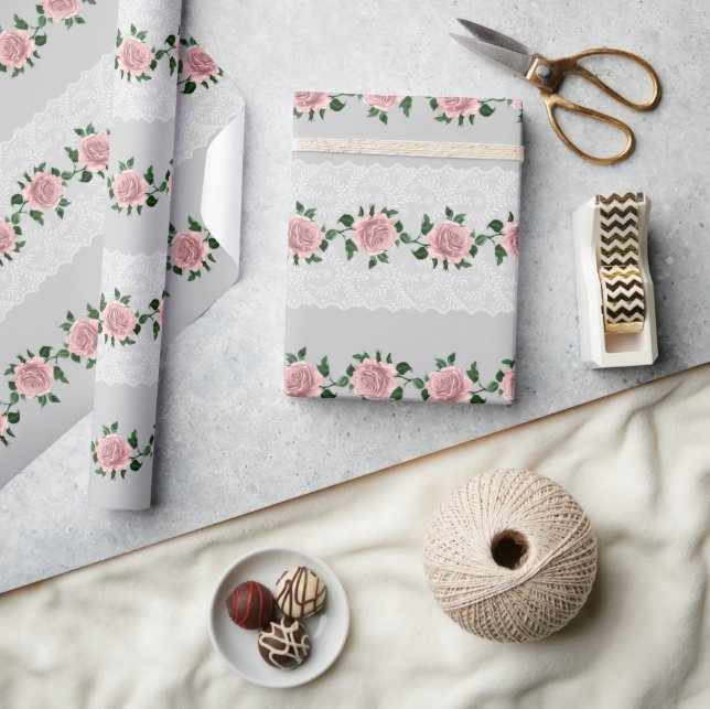 Papier Cadeau Roses Roses Roses Et Dentelle Mariage (Artisanat)