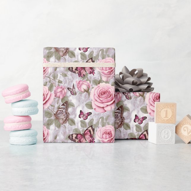 Papier Cadeau Roses roses roses et papillons Aquarelle Florale (Baby Shower)