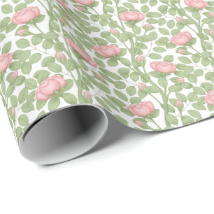 Papier Cadeau Roses roses sur fond blanc