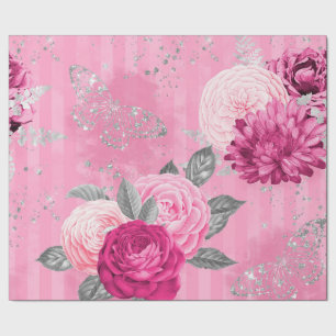 Papier Cadeau Roses roses vintages Papillons Parties scintillant