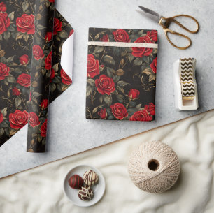Papier Cadeau Roses rouge et or