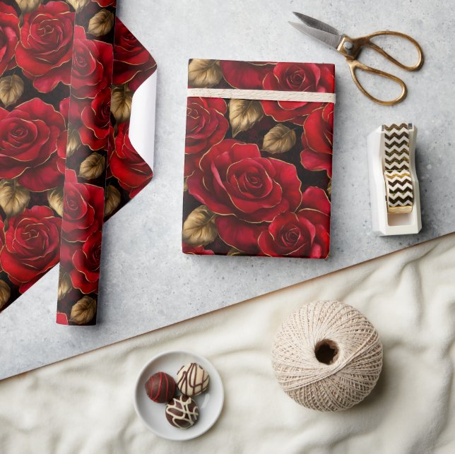 Papier Cadeau Roses rouge et or (Artisanat)