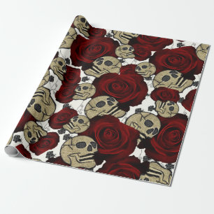 Papier Cadeau Roses Rouges & Crânes Floral Noir Gothique Blanc