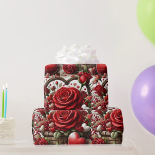 Papier Cadeau Roses rouges et coeurs pour la Saint-Valentin 